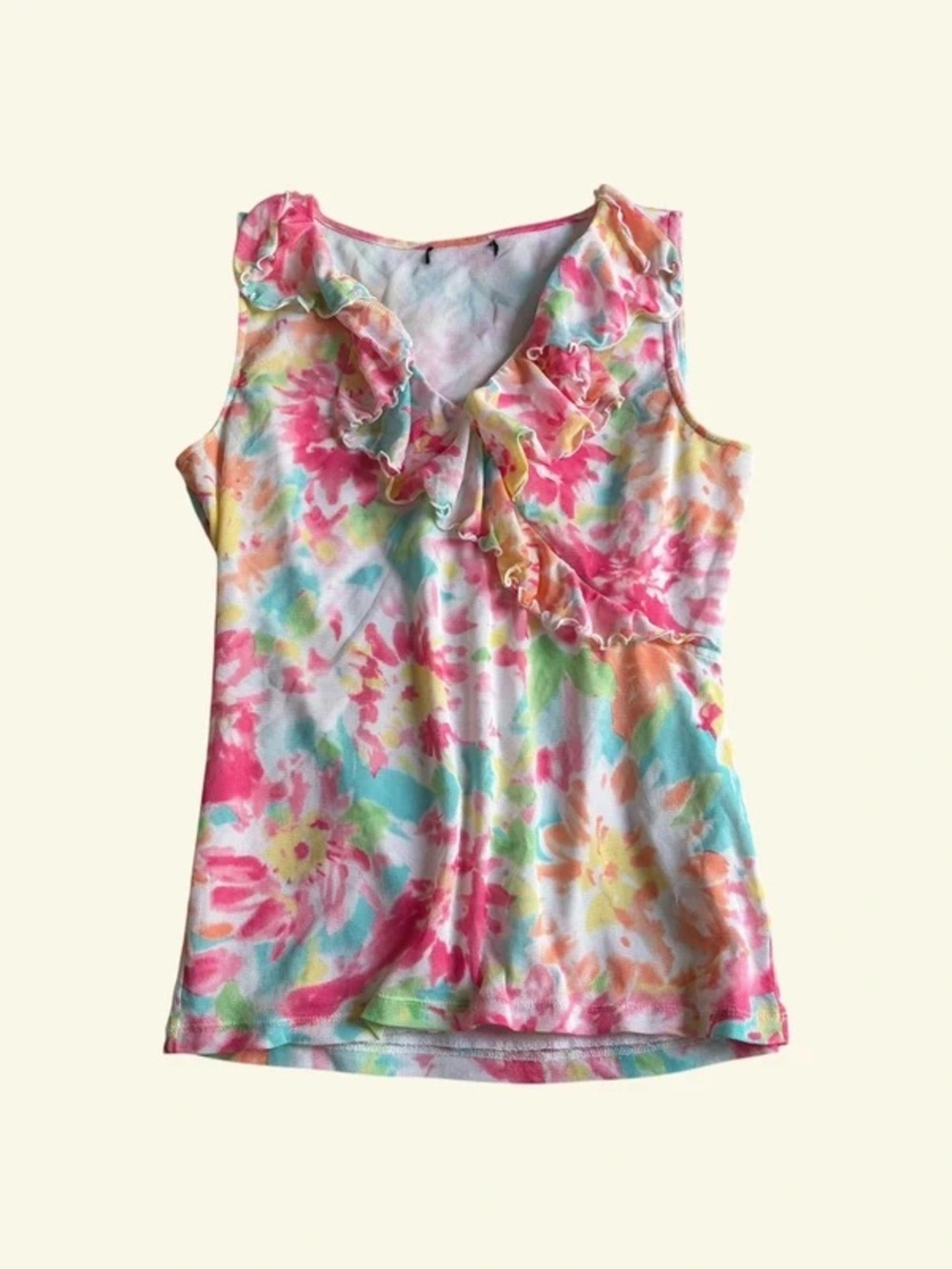 Chaps Y2K Floral Mesh Ruffle V-Neck Tank Top Watercolor Print Sleeveless Size M